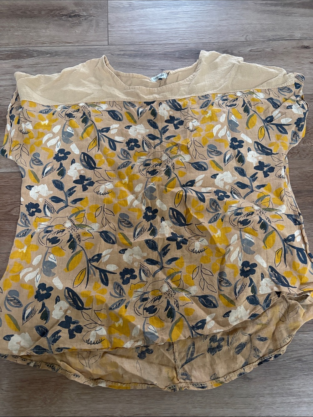 Lungo L’Arno Fall Floral Short-Sleeve Blouse 100% Linen Cotton Navy Yellow Italy